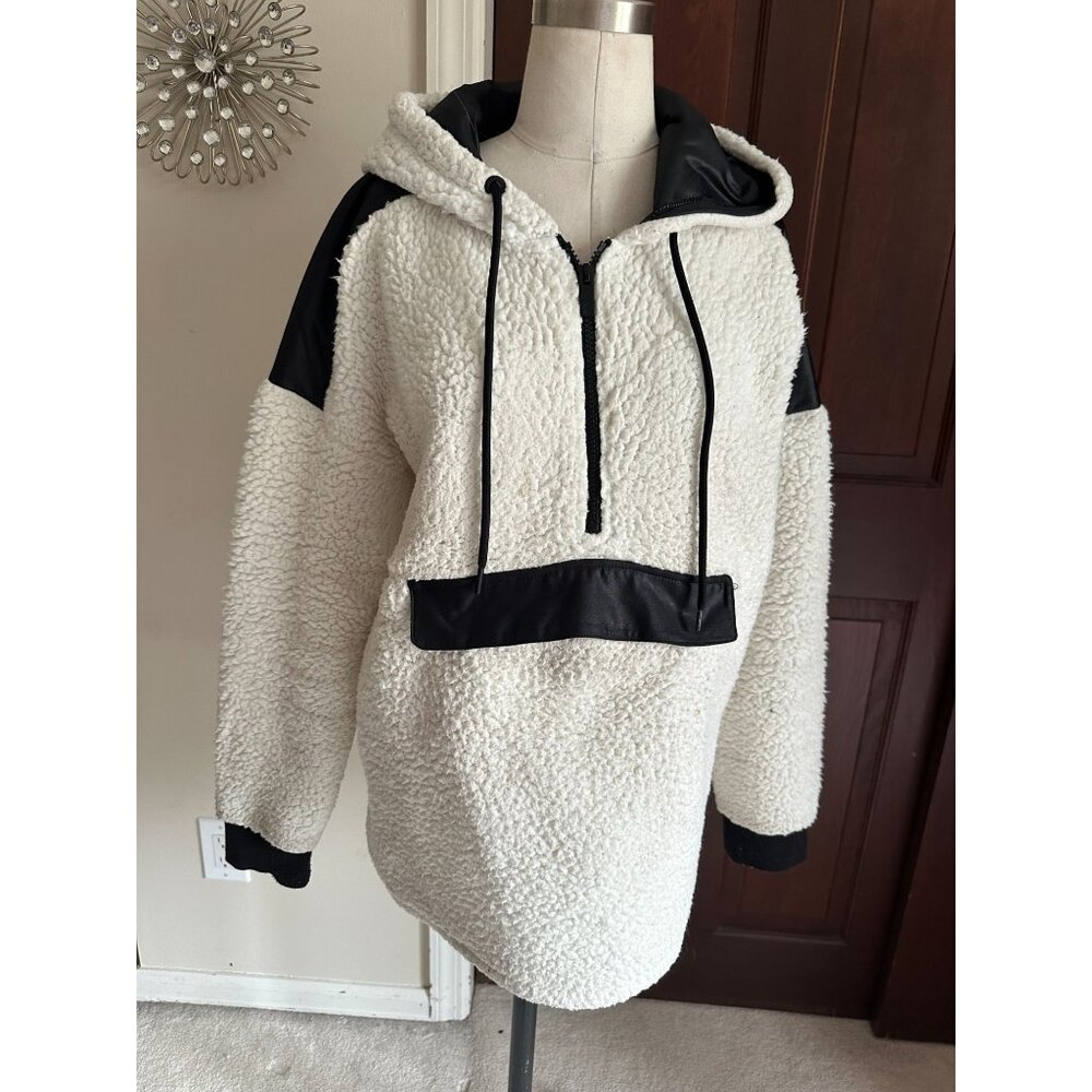 MNY MARC NY Performance Faux Leather Trim Teddy Fleece Hoodie Large